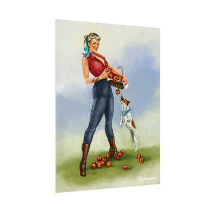Apple Jack Harvest Pin-Up | 9x12 Watercolor Textured Matte Poster