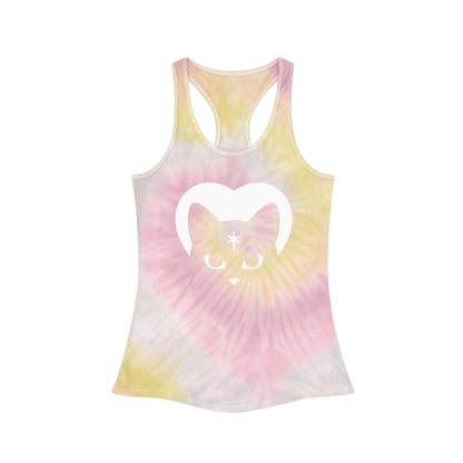 Vibrant Tie Dye Racerback Tank Top, Boho Gift for Cat Lovers, Cotton Candy Swirl Rainbow Tank Top, Psychedelic Cat Shirt, Third Eye Cat Top