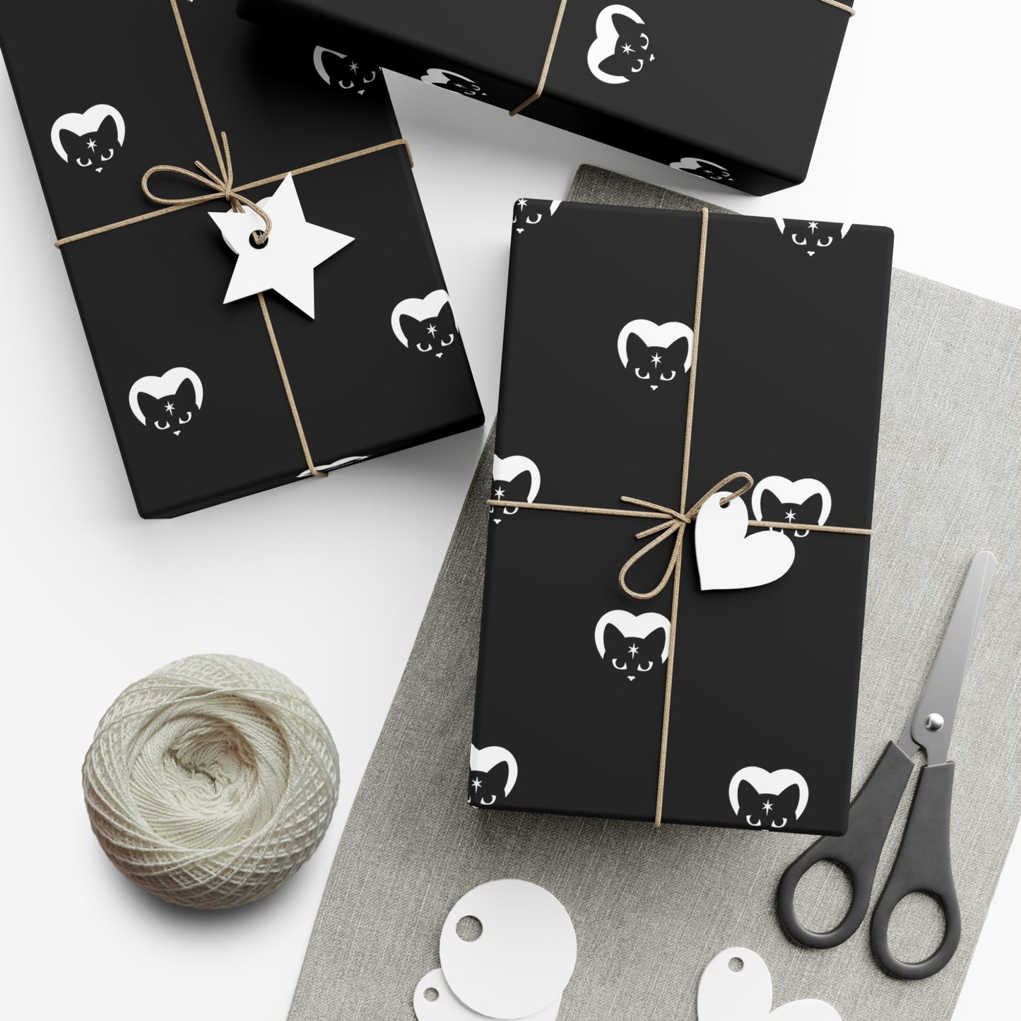 Celestial Cat Heart Gift Wrap Paper | Midnight Black