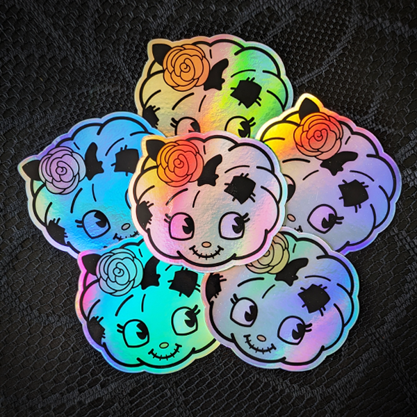 Holographic Pumpkin Jack-o'-lantern Haunted Rag Doll Sticker | Briar