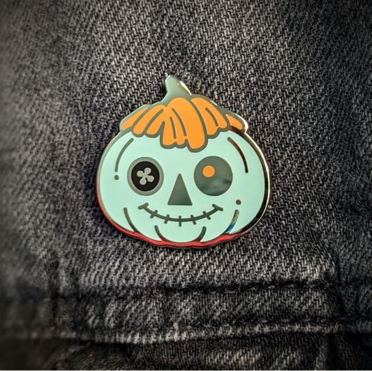 Button Blue Doll Pumpkin | Haunted Dolly Rag Doll Hard Enamel Glow Pin